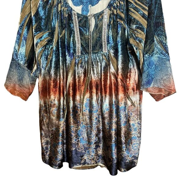 One World Live and Let Live Top Womens 1X Multicolor Boho Print Stretch Blouse - Picture 4 of 10